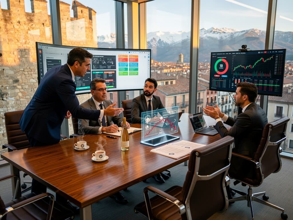 Abogados navarros en oficina Pamplona revisan IA sector legal con vistas Pirineos y gráficos crypto MiCA