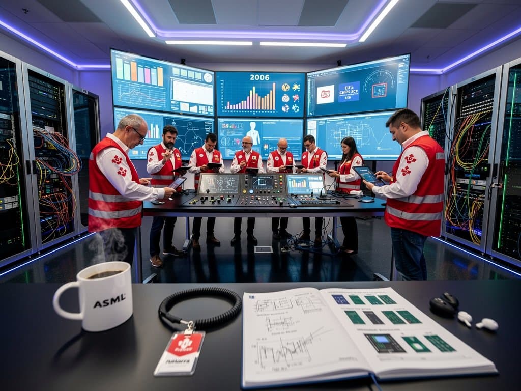 Ingenieros en polígono Cordovilla revisan gráficos chips IA con máquinas litografía EUV y racks servidores en Navarra