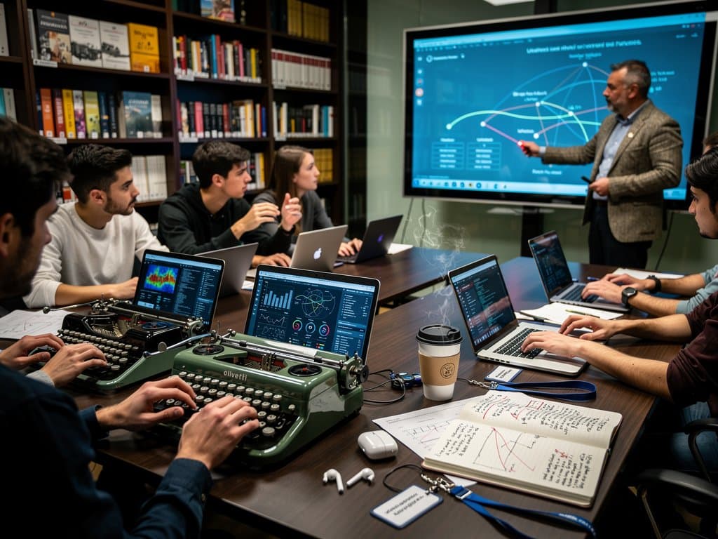 Aula Universidad Navarra con máquinas de escribir vintage contra IA, gráficos tech y elementos regionales en ambiente profesional