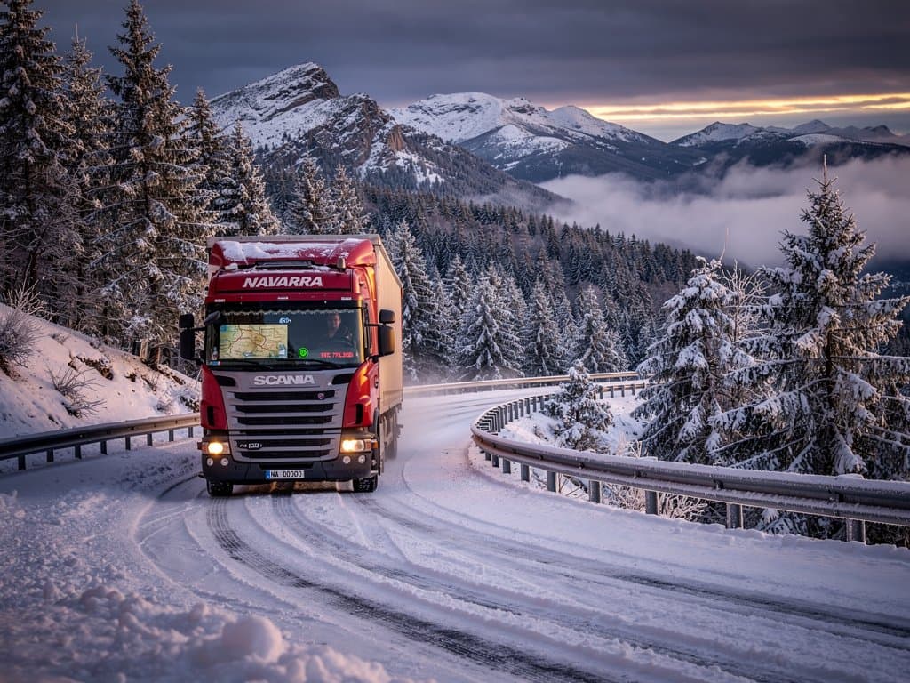 Camión navarro en carretera pirenaica nevada con ticker BTC en dashboard