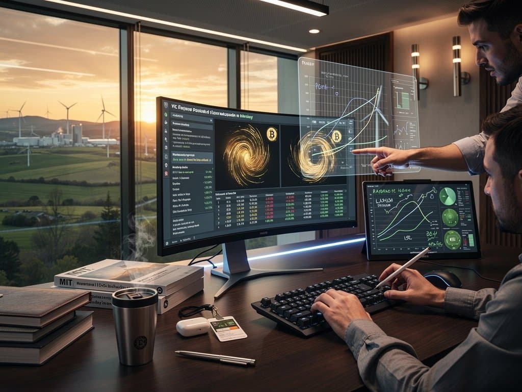 Pantallas con prompts IA finanzas personales, gráficos Navarra energía y cripto en estilo tech-finance moderno sin personas