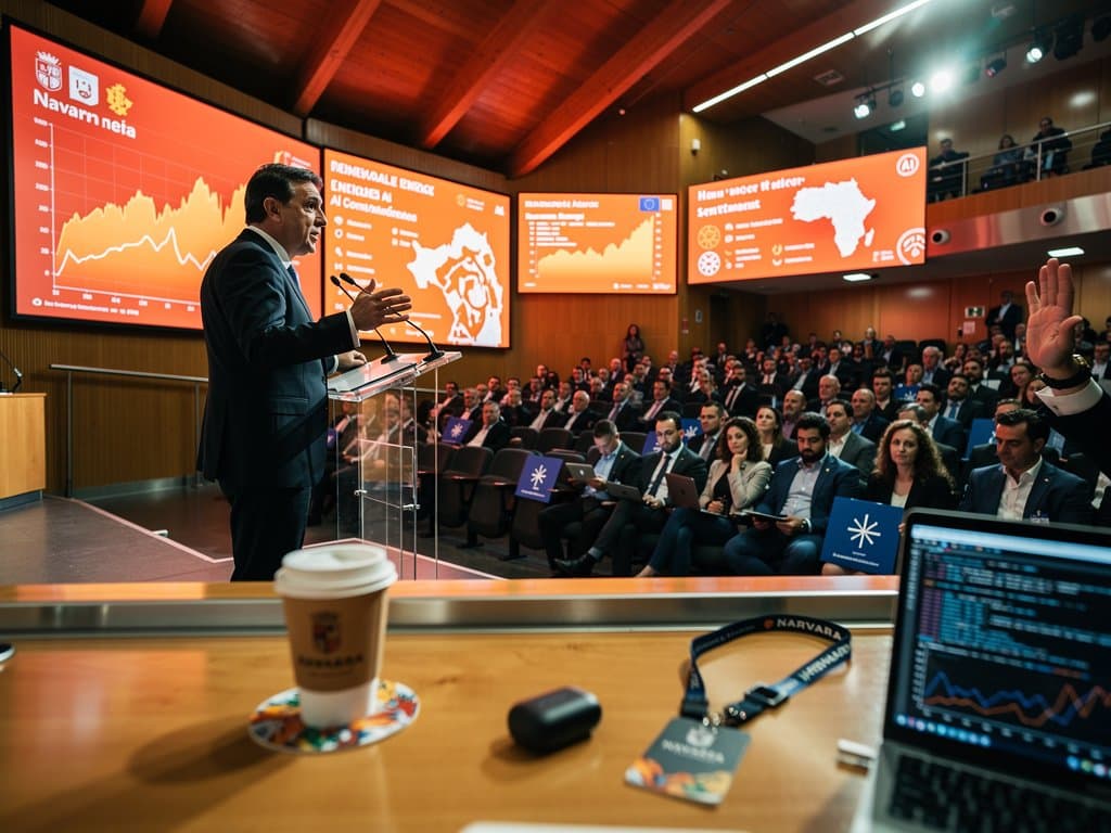 Debate sobre doomers IA en auditorio Pamplona con gráficos Fear & Greed y mapas tech navarros