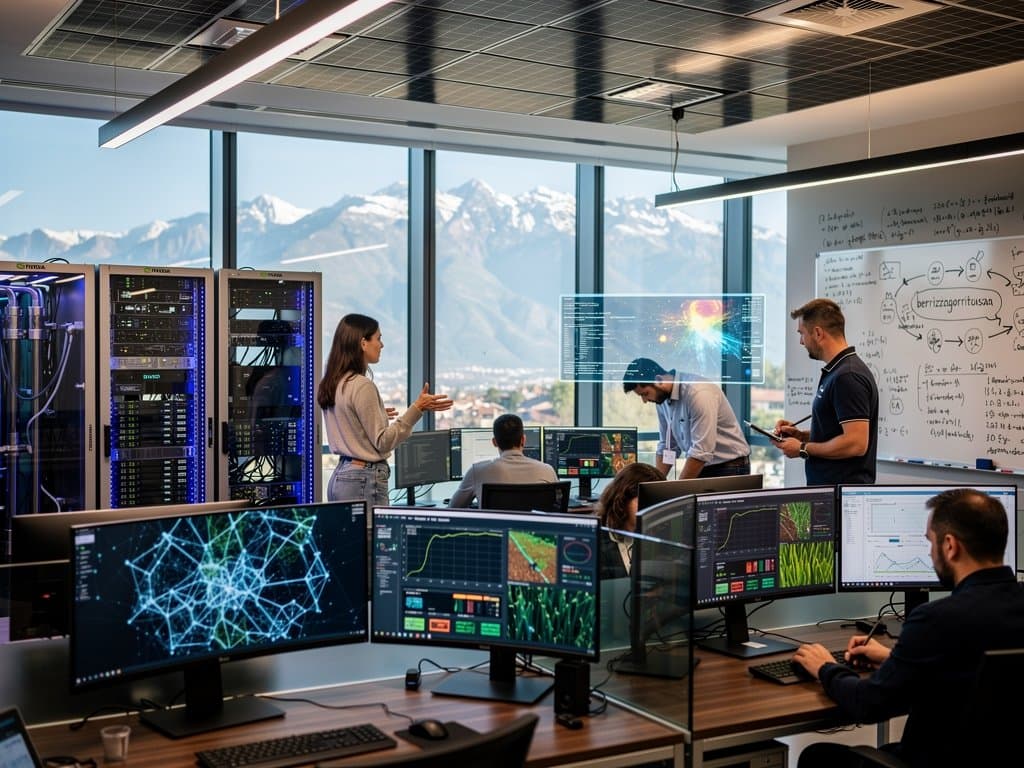 Laboratorio IA UPNA Pamplona con vistas Pirineos, monitores redes neuronales y servidores NVIDIA high-tech regional