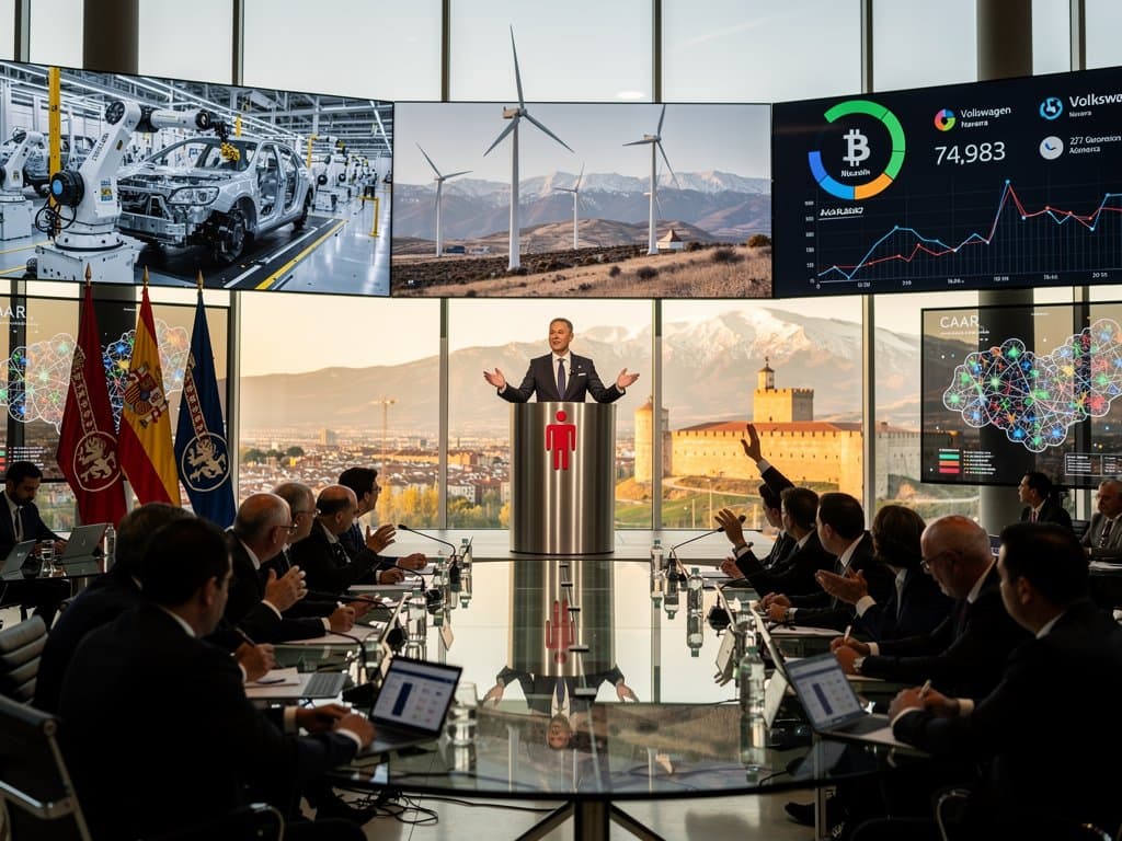 Conferencia sobre Convención de Ginebra para robots con pantallas LED y delegados en sala moderna de Pamplona