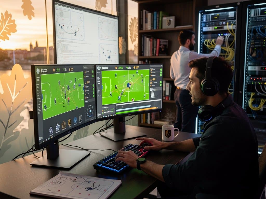 Lab tech Universidad de Navarra con terminales mostrando stats NHL en tiempo real