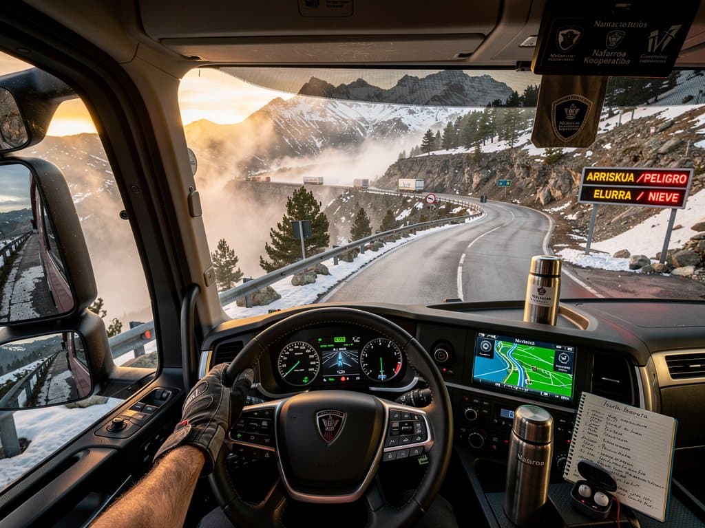Camión en carreteras pirenaicas de Navarra con IA asistida, niebla y curvas montañosas