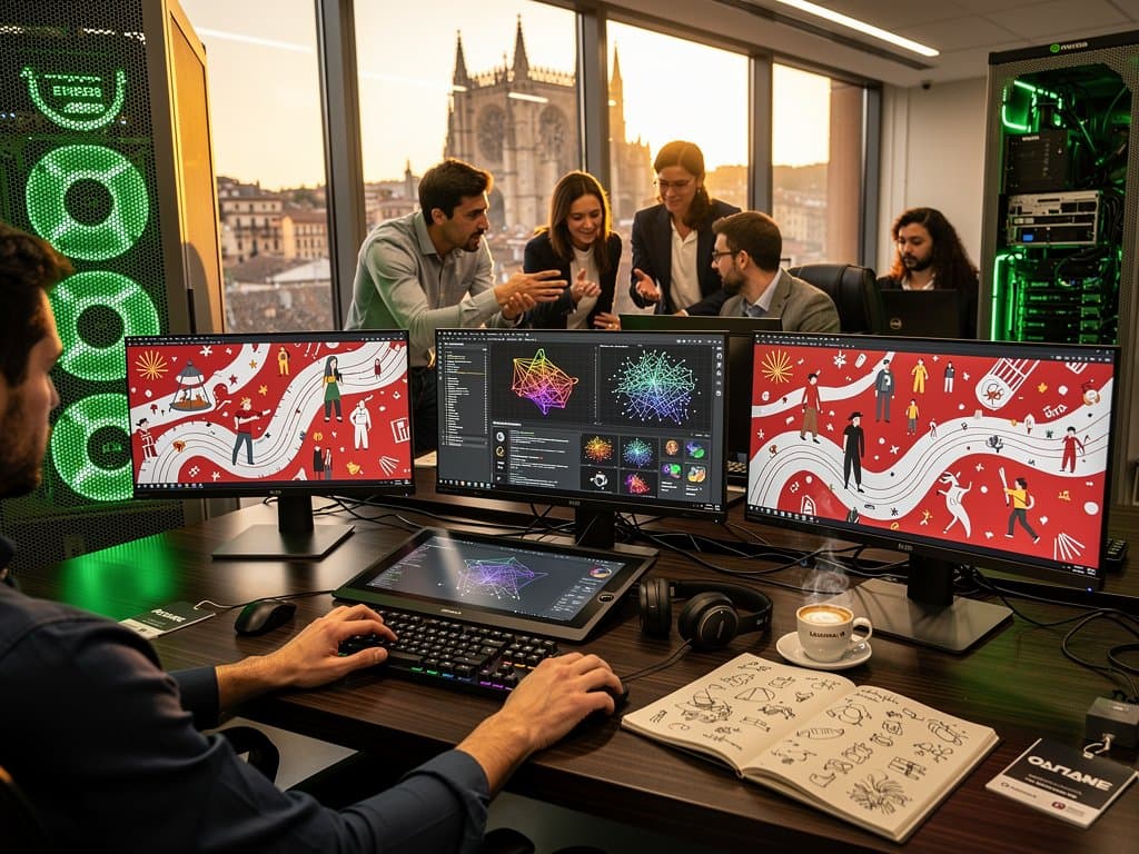 Estudiantes en lab IA de UNAV generan arte digital navarro en monitores premium con vistas a Pamplona