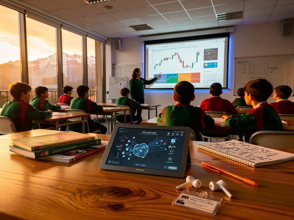 Aula Pamplona con estudiantes usando IA educativa, vistas Pirineos y logos tech navarros