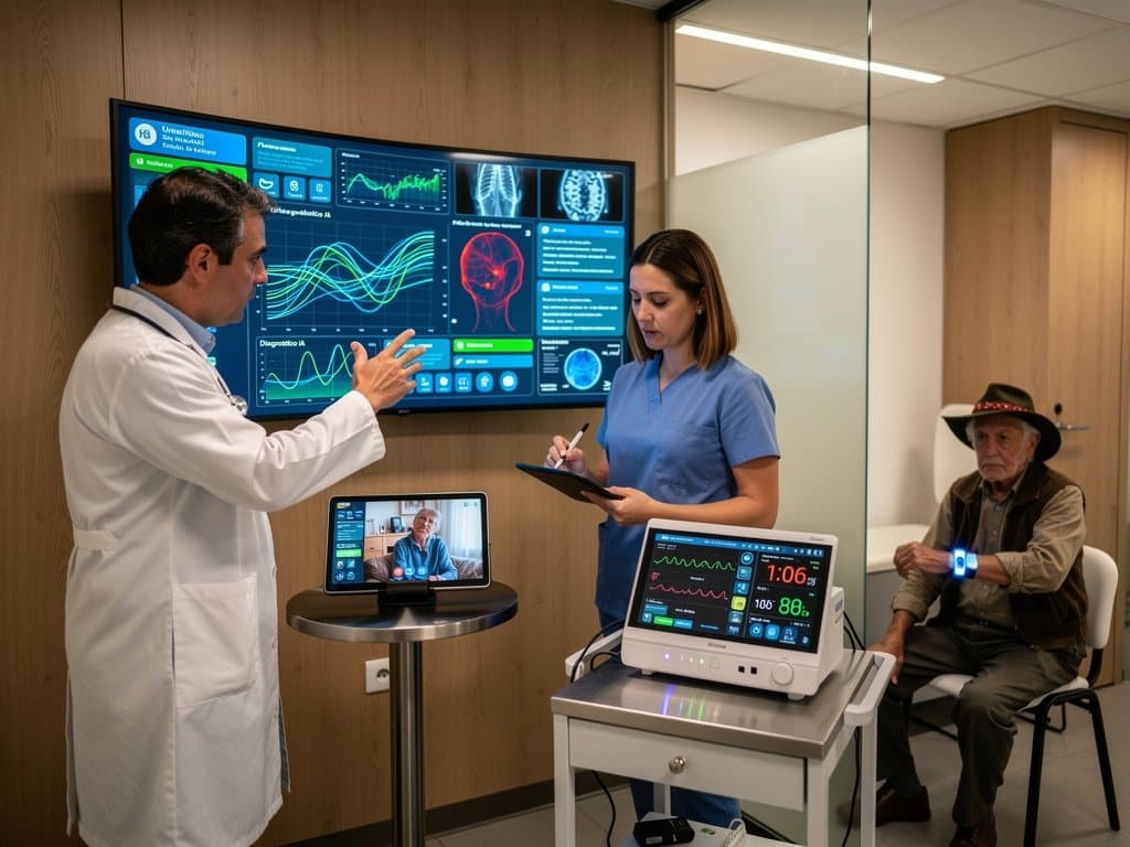 Médico en clínica rural navarra usa IA para consultas remotas con pantallas de triaje y vistas a campos forales