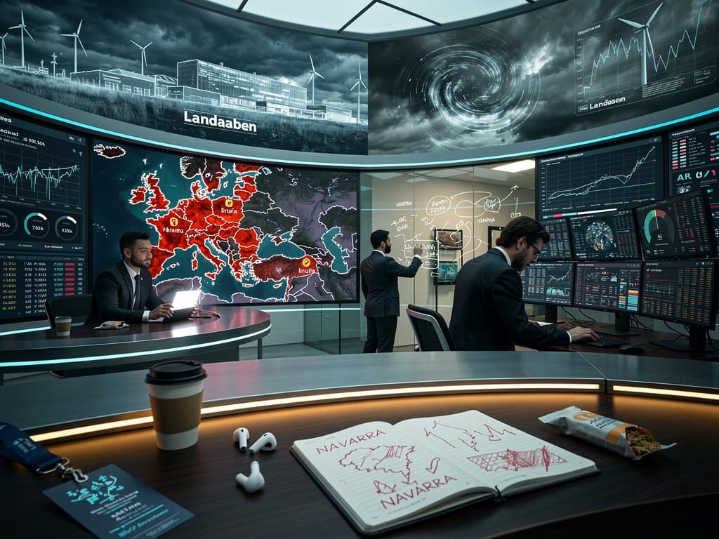 Redes neuronales deep learning prediciendo guerras con mapas Navarra, Fear Index 29 y caídas crypto en estilo high-tech.