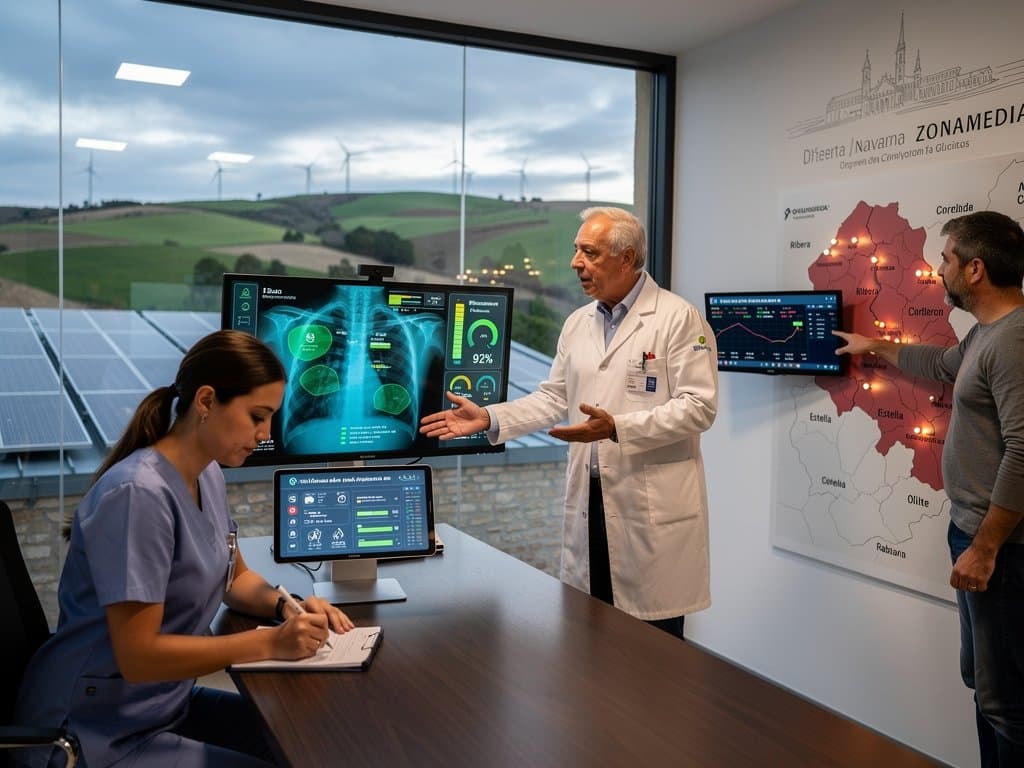 IA analizando radiografía en clínica rural Navarra con mapa y gráficos BTC