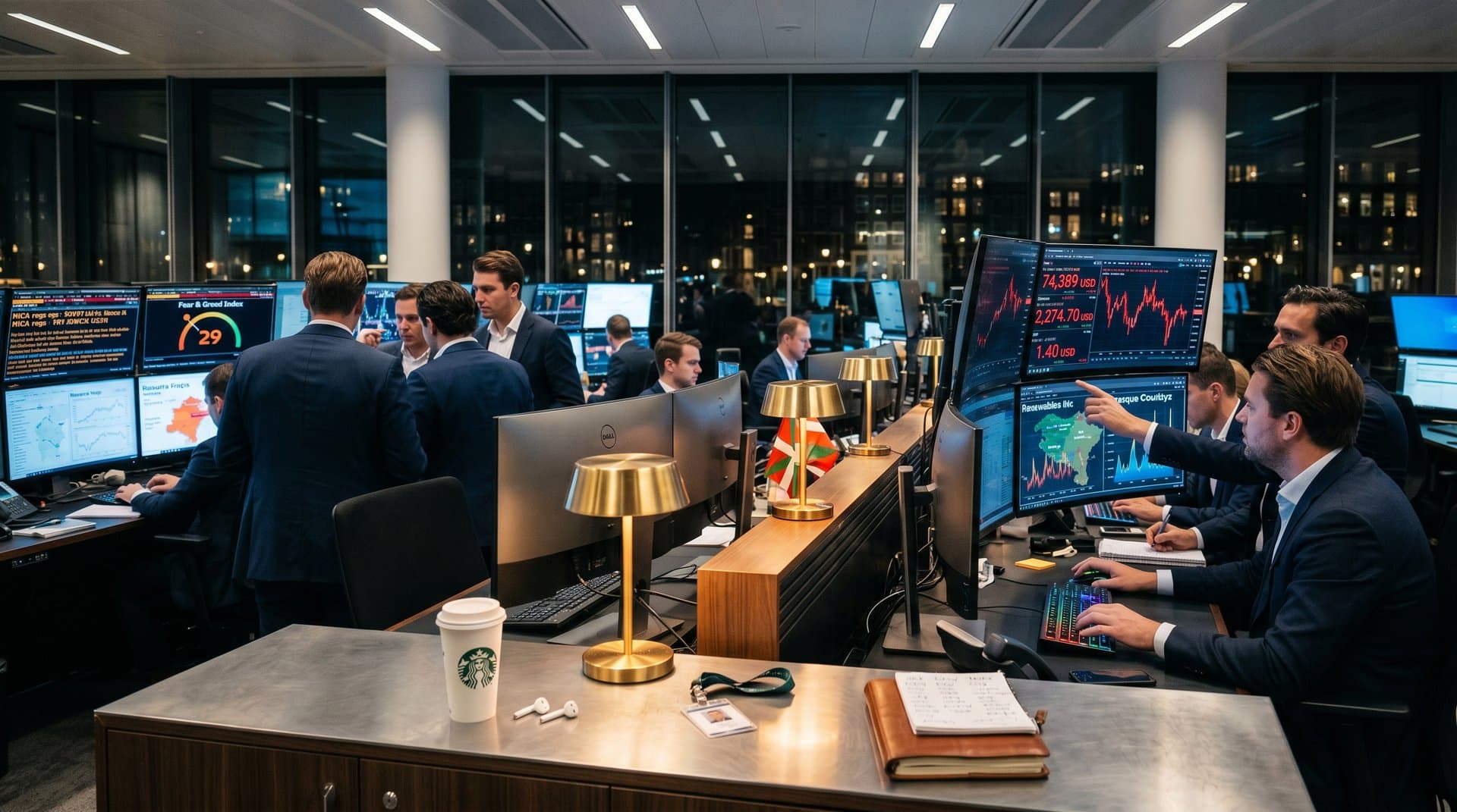 Sala de trading ABN AMRO con gráficos crypto en vivo: Bitcoin 74.389 USD en rojo, Fear & Greed 29, vistas a canales y elementos navarros
