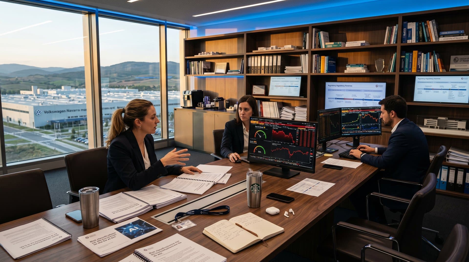 Reguladores revisan AI Act en sala UE con gráficos crypto y documentos cumplimiento