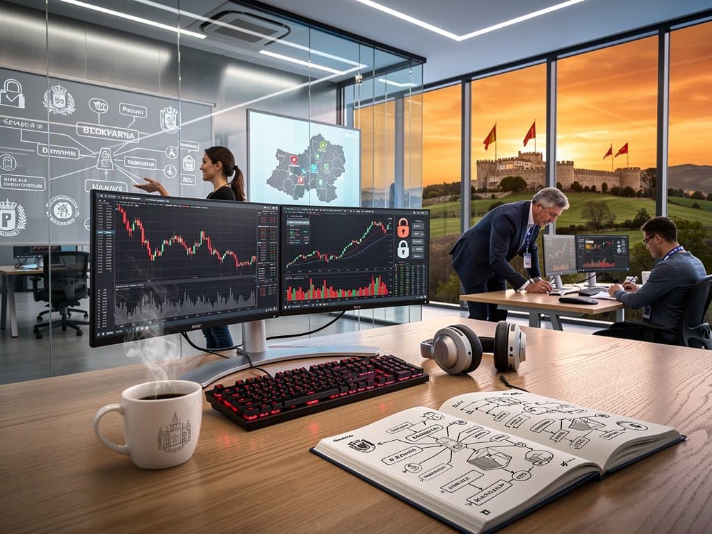 Oficinas del Navarra Blockchain Hub en Pamplona con gráficos cripto rojos por hack Kelp DAO, mesas con café y vistas a Ciudadela