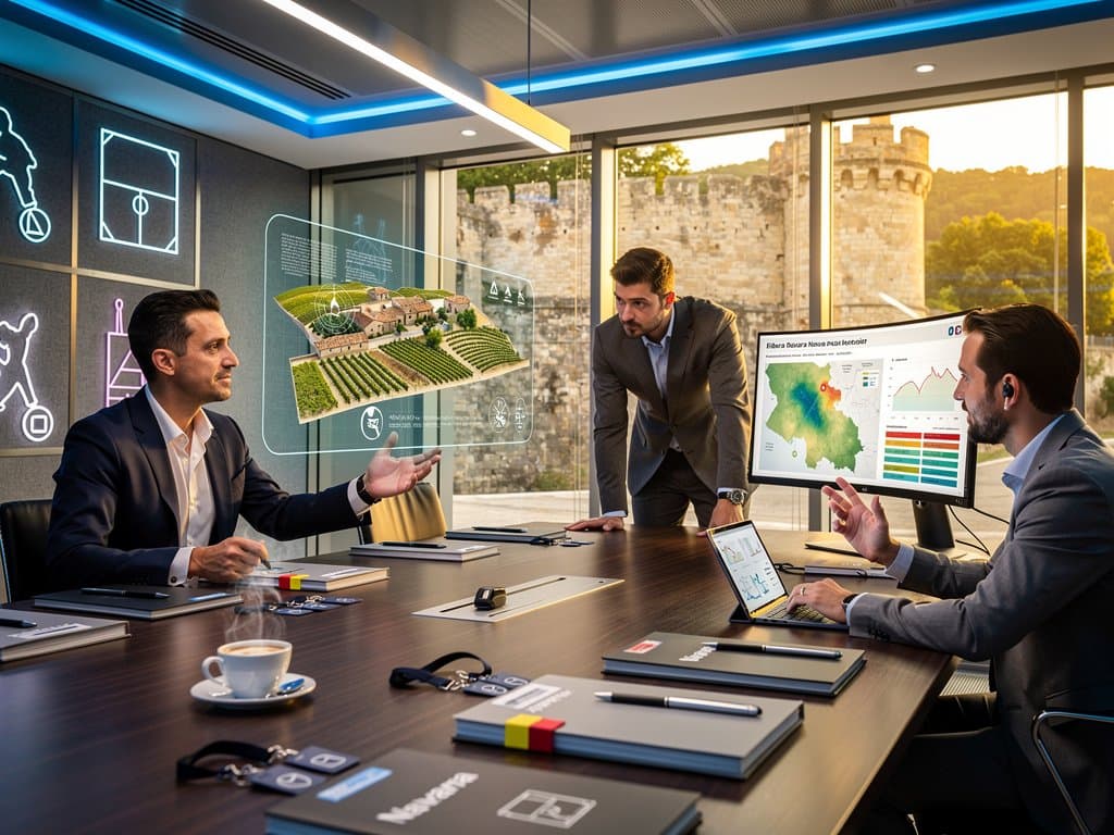 Ejecutivos en sala JLL Pamplona analizan IA inmobiliaria con vistas Ciudadela y elementos vascos