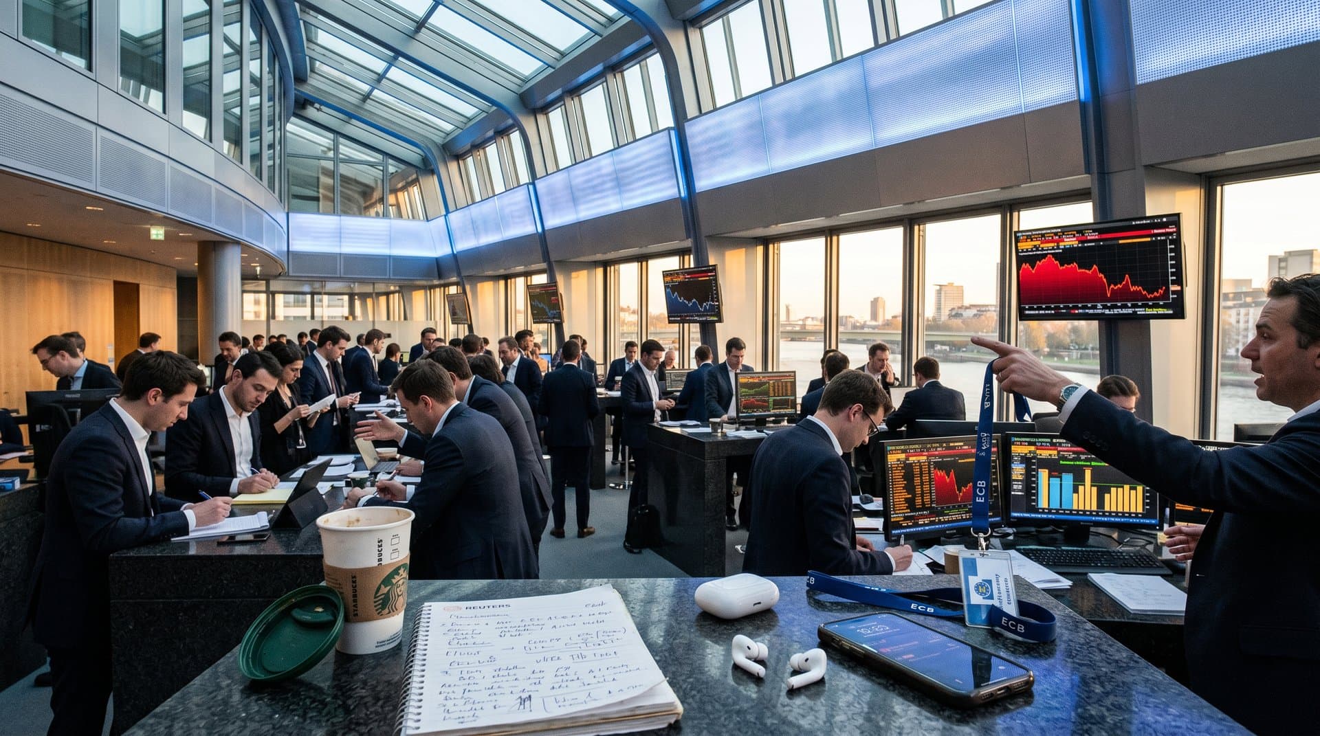 Gráficos de stablecoins USDT y USDC en monitores del BCE con datos MiCA, lobby moderno con vistas al Main