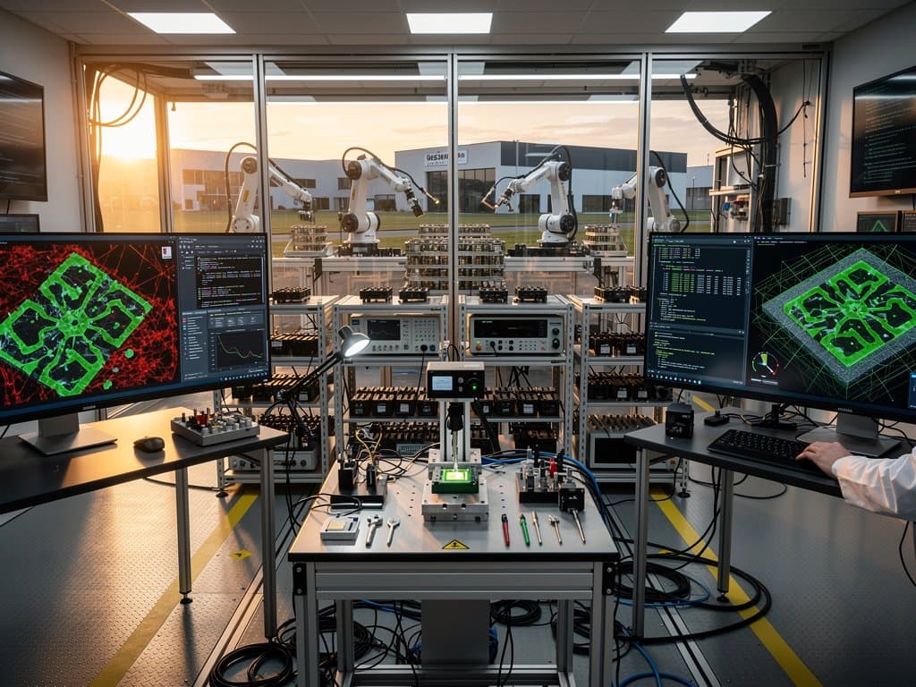 Laboratorio high-tech con IA analizando celdas de baterías, robots y pantallas en entorno industrial navarro
