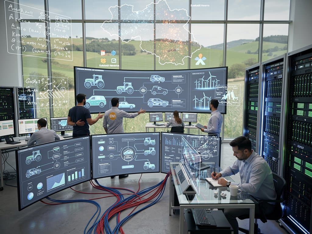 Laboratorio IA agentic con pantallas diagramas autónomos, GPUs Nvidia y mapa clústeres Navarra-Euskadi en estilo high-tech