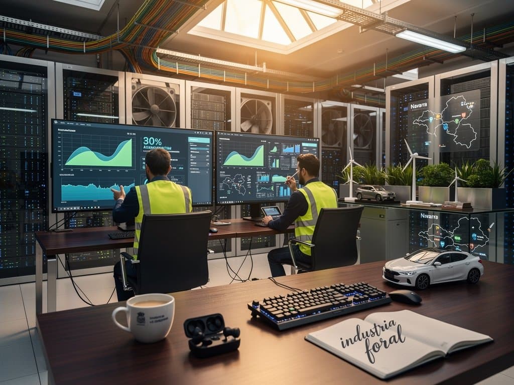 Ingenieros en centro de datos Tier IV revisan servidores AWS con dashboards SageMaker y paneles de control iluminados en entorno industrial moderno