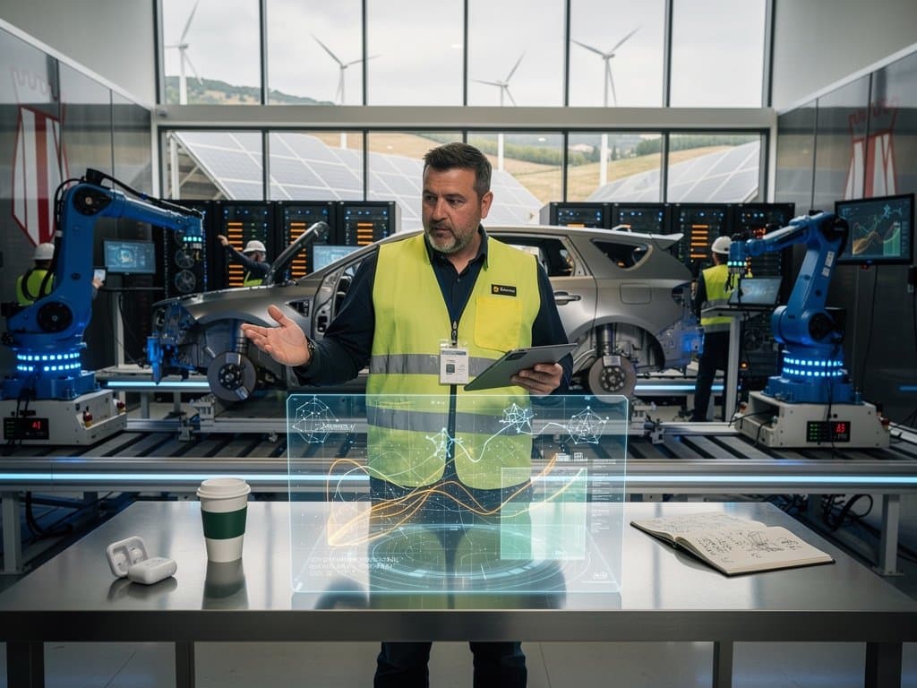 Ingenieros en polígono Noáin revisan IA para VW Navarra con datos BTC y renovables al fondo