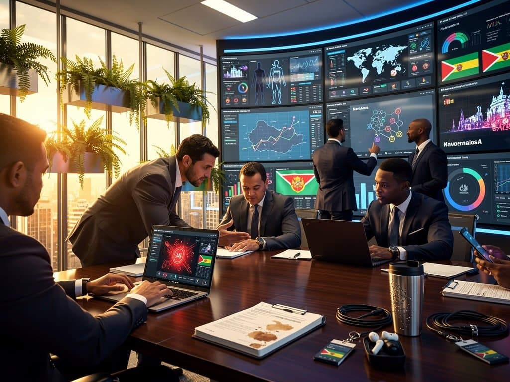 Funcionarios caribeños en entrenamiento IA electoral Commonwealth con dashboards blockchain y mapa Navarra en centro Puerto España