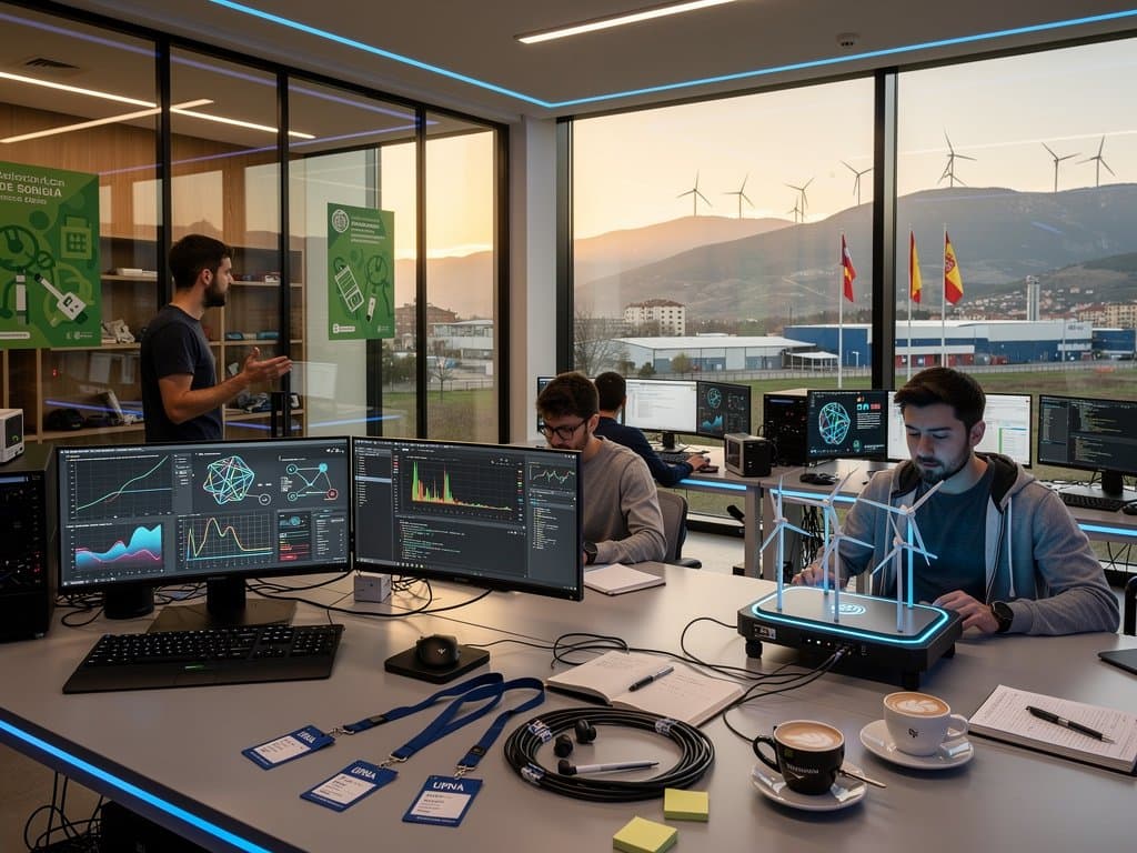 Laboratorio IA en universidad navarra con estudiantes analizando datos tech y cripto ante vistas regionales