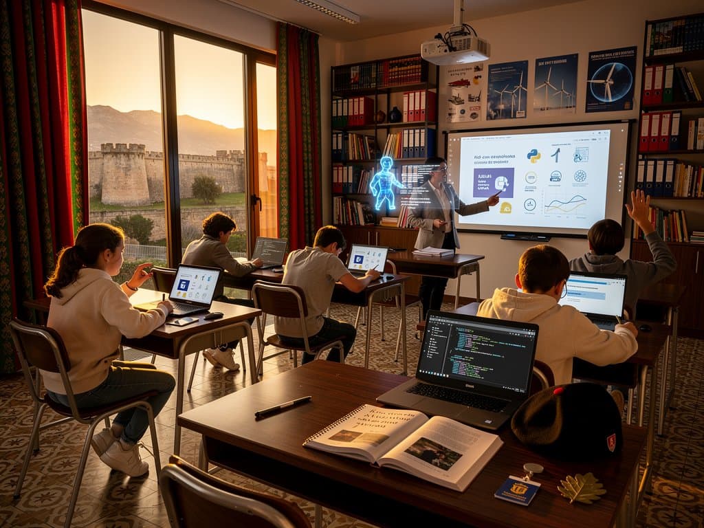 Aula Pamplona con tecnología IA educativa y vistas forales a Sierra de Alaiz