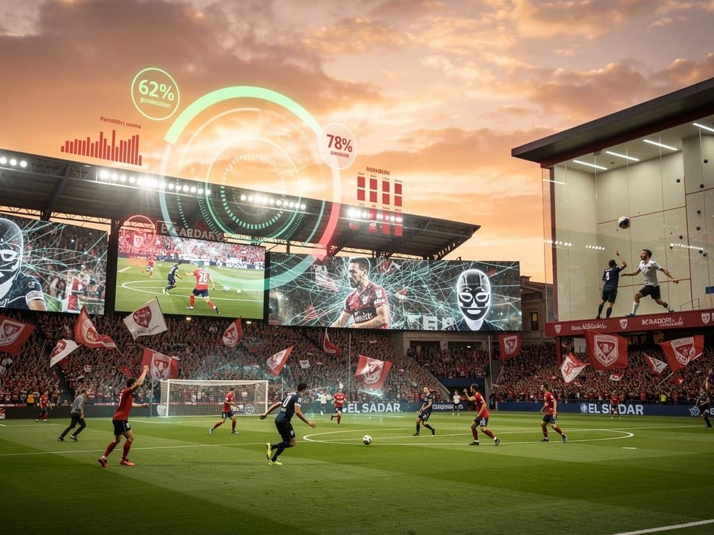 Estadio El Sadar con visuales IA de Osasuna, gráficos tácticos y ambiente deportivo navarro innovador