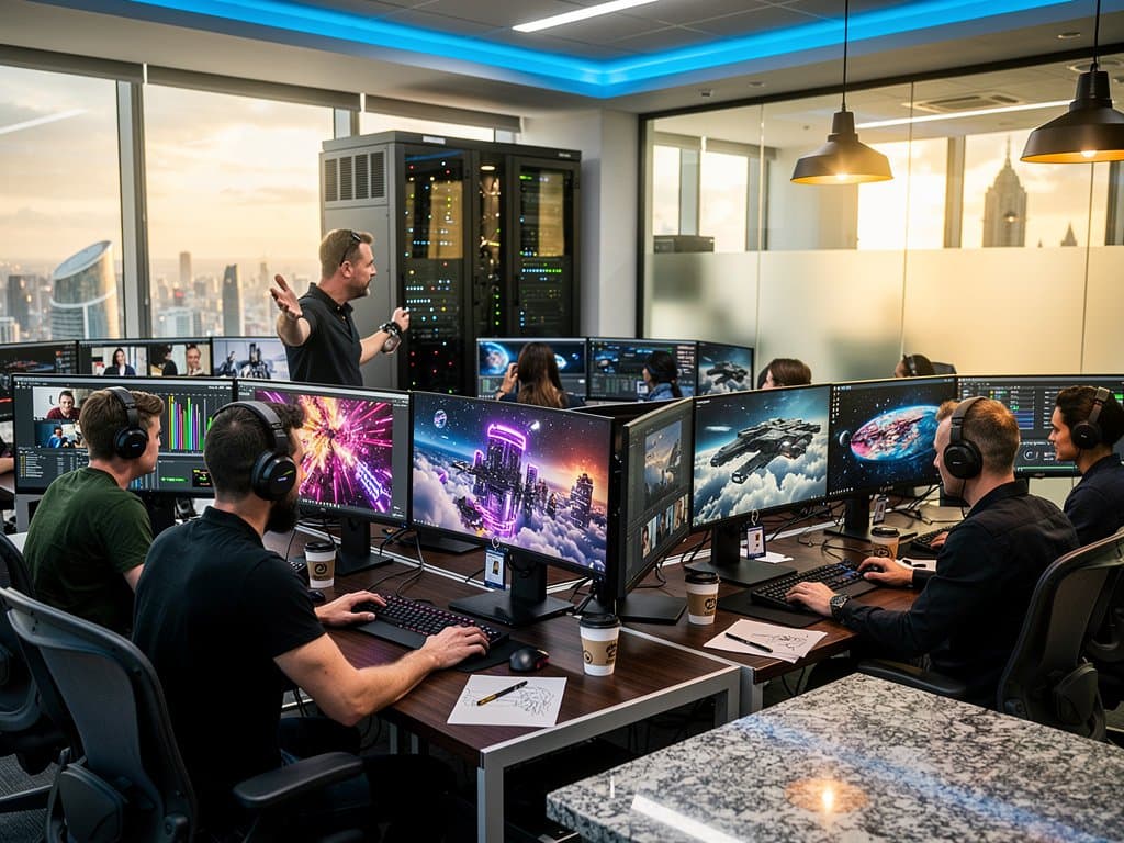 Estudio postproducción IA cine con monitores renders, mesas premium y equipo tech bajo luces modernas