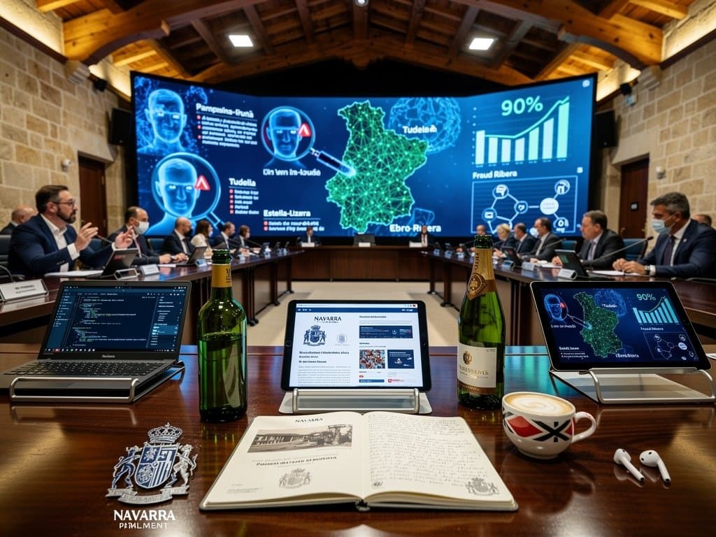 Sala del Parlamento de Navarra con pantallas de IA electoral, mapas forales y elementos tecnológicos para integridad de votos