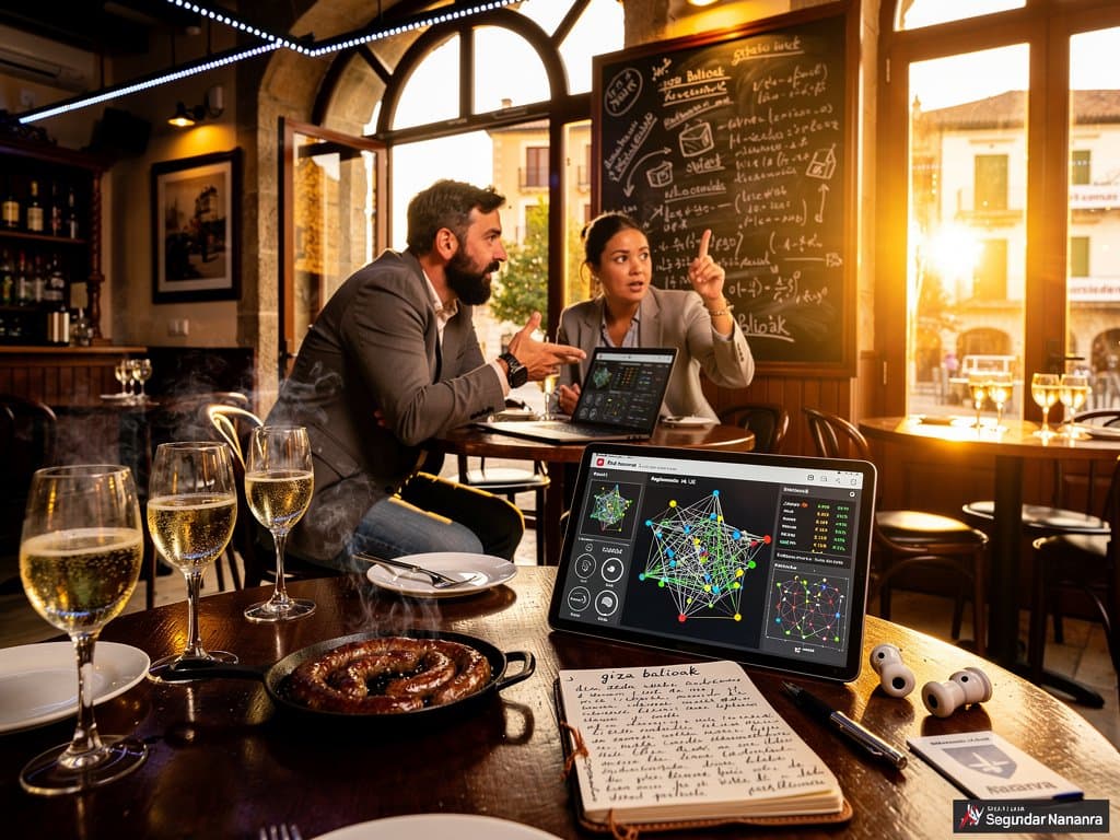 Debate ético IA en café navarro de Pamplona con txakoli, chistorras y gráficos tech bajo luz atardecer