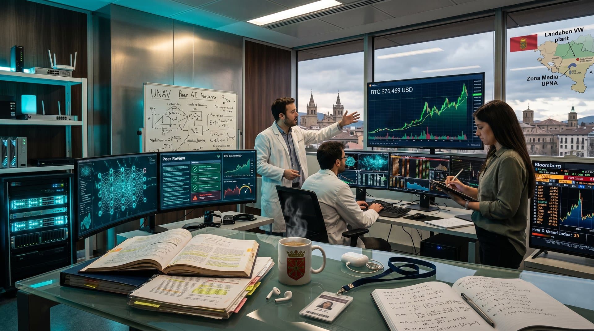 Laboratorio IA Universidad Navarra: monitores redes neuronales, gráficos cripto y vistas Pamplona