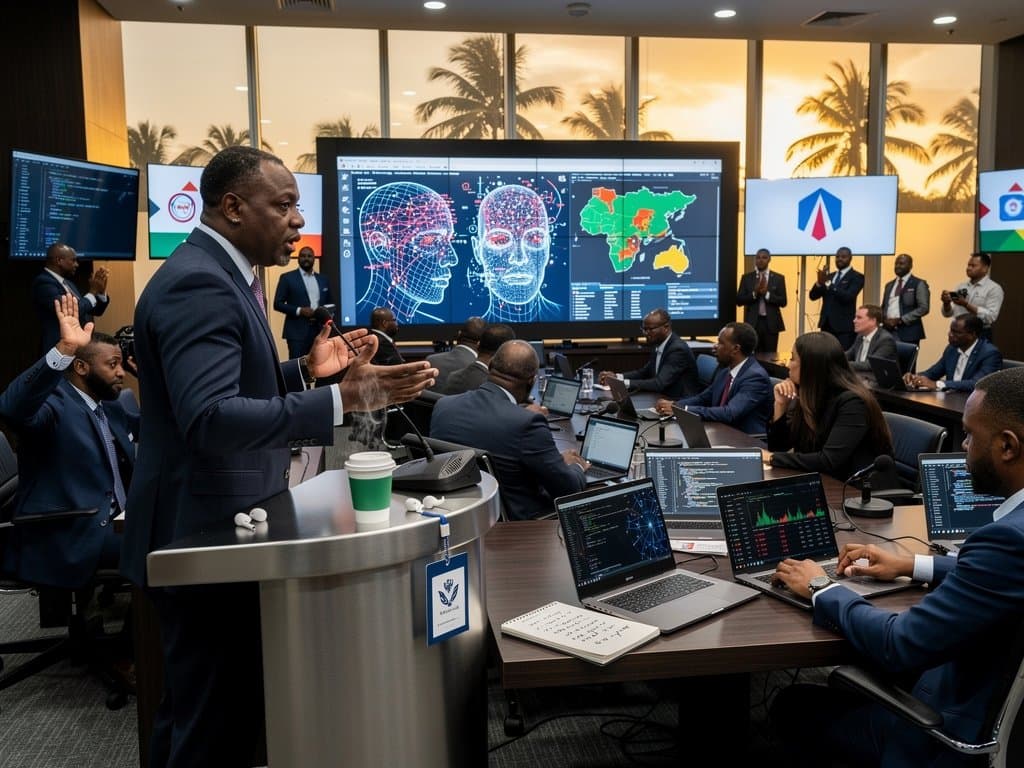 Delegados en Trinidad debaten formación IA electoral con pantallas de deepfakes, blockchain y gráficos BTC en sala moderna.