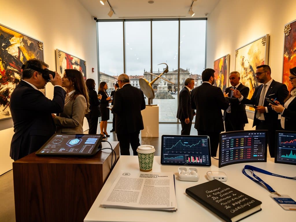 Galería de arte en Pamplona con NFTs generados por IA, gráficos de criptomonedas y vistas a Plaza del Castillo
