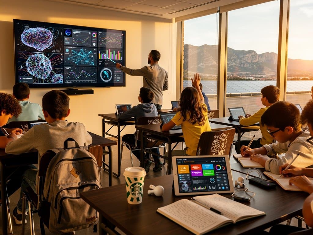 Aula Universidad de Navarra: profesor desmonta deepfake en pantalla con estudiantes y vistas forales al fondo