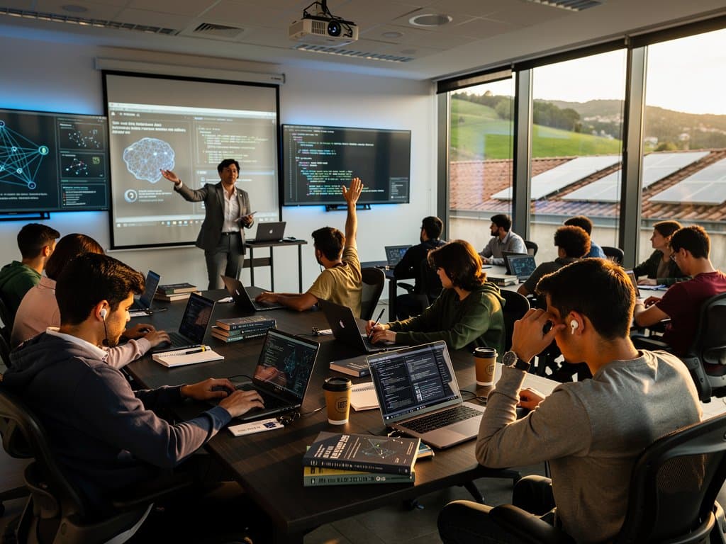 Aula navarra con pizarras digitales de IA, laptops ejecutando código y mapas regionales en fondo high-tech educativo