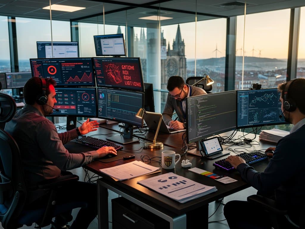 Alertas blockchain en monitores de Pamplona con gráficos Lazarus, datos BTC y informes forales en entorno high-tech navarro