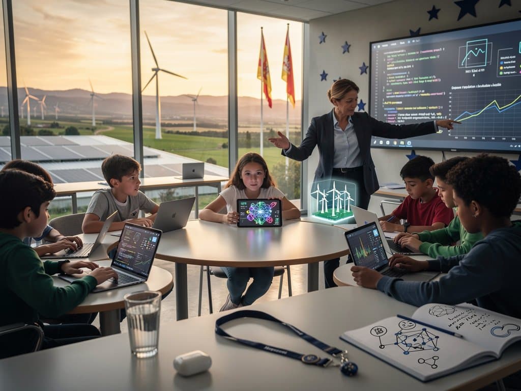 Aula Pamplona con demos IA en pizarra digital y vistas eólicas, siluetas estudiantes colaboran
