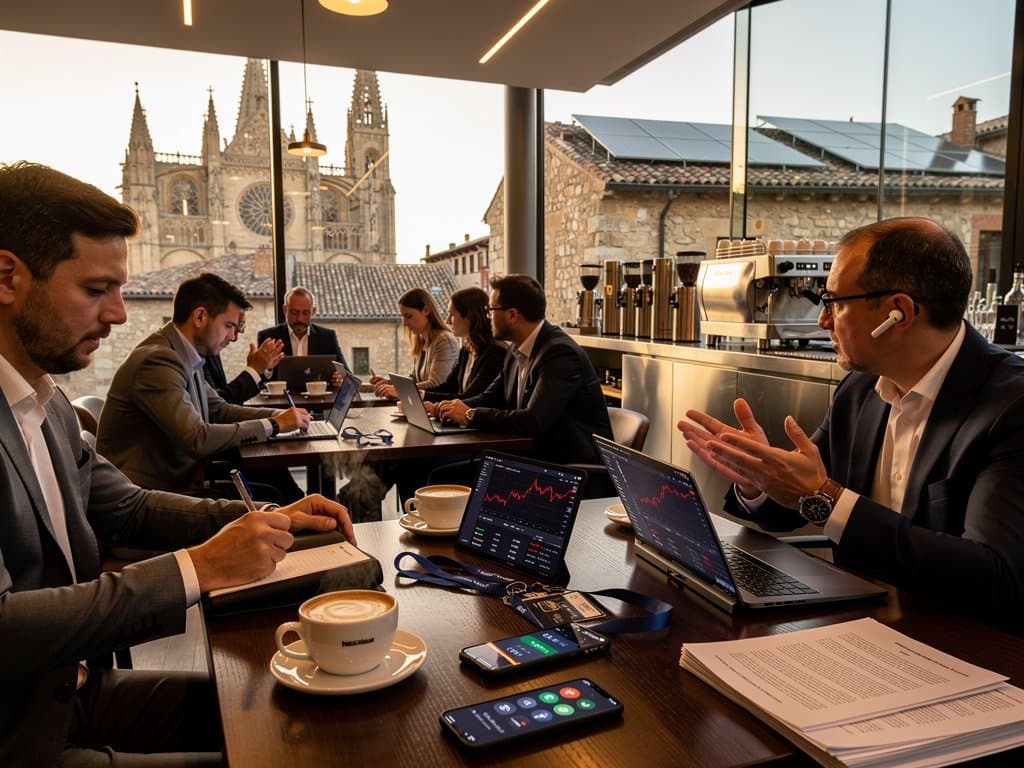 Cafetería Pamplona con laptops mostrando gráficos crypto FLOW y BTC, café y vistas catedral