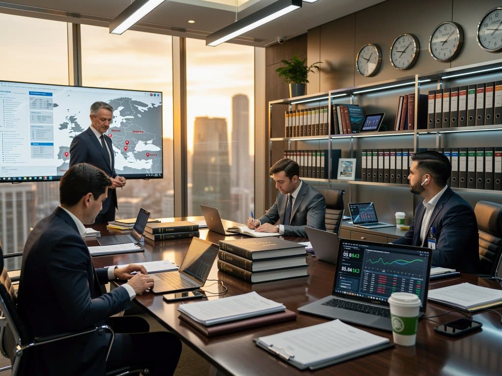 Gráficos cripto y documentos regulatorios en sala de bufete legal moderno