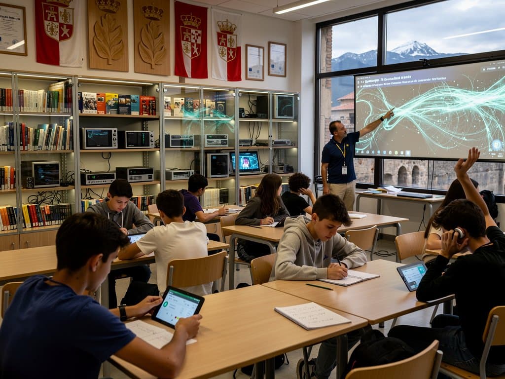 Aula pamplonesa con IA educativa en pizarra digital y vistas forales bajo luz natural