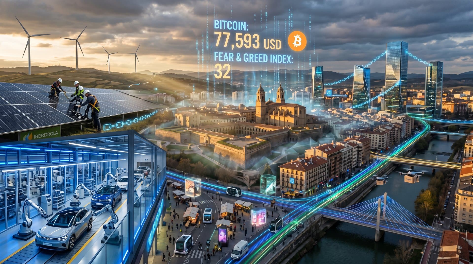 Gráficos holográficos de Bitcoin a 77.593 USD sobre skyline de Pamplona con turbinas eólicas y elementos blockchain