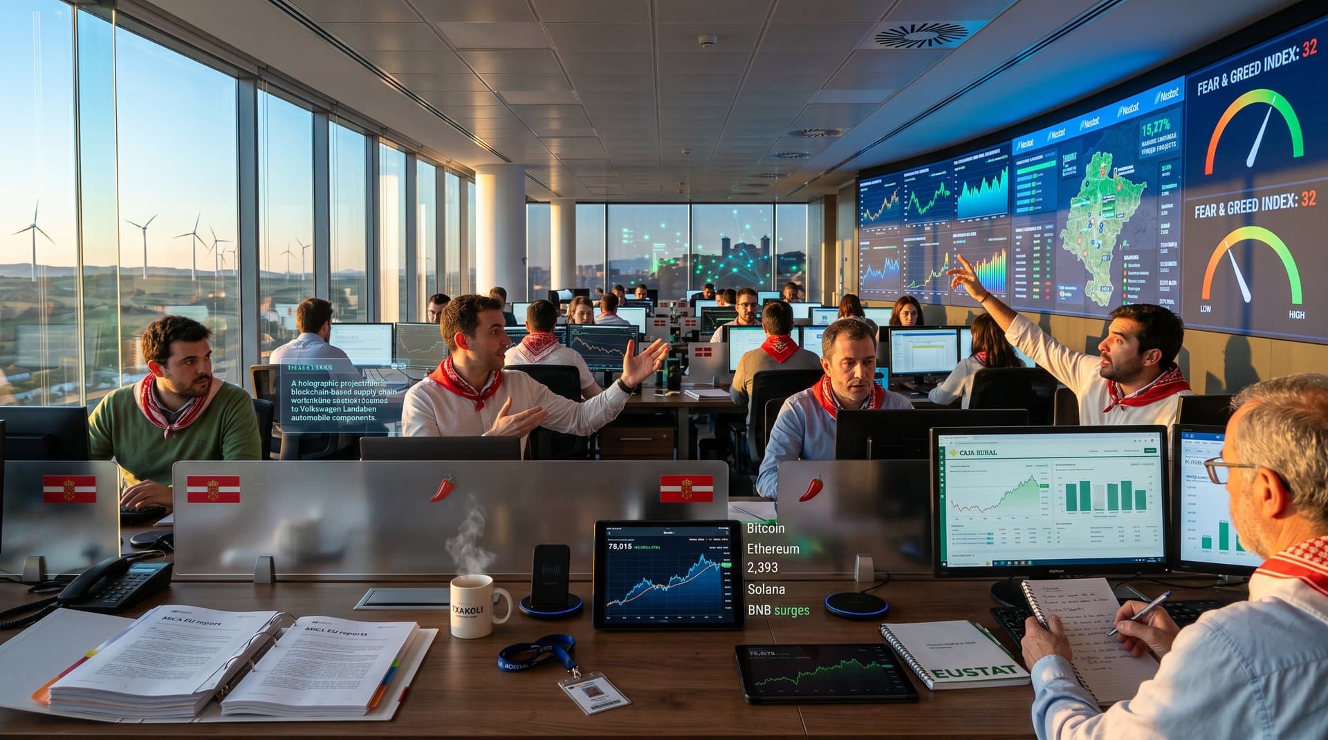 Oficina pamplonesa con gráficos de acciones cripto BTC y ETH, vistas a renovables navarras y elementos MiCA